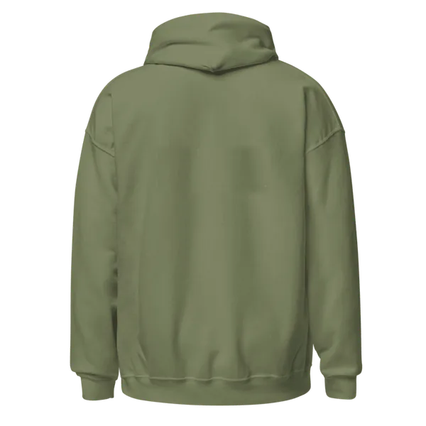 Green hoodie seen from the back with a Pearl of Wisdom printed on it